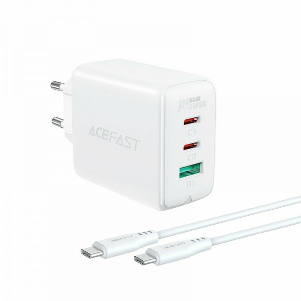 Acefast Φορτιστής με Θύρα USB-A και 2 Θύρες USB-C και Καλώδιο USB-C 65W Power Delivery / Quick Charge 3.0 Λευκός (A13)